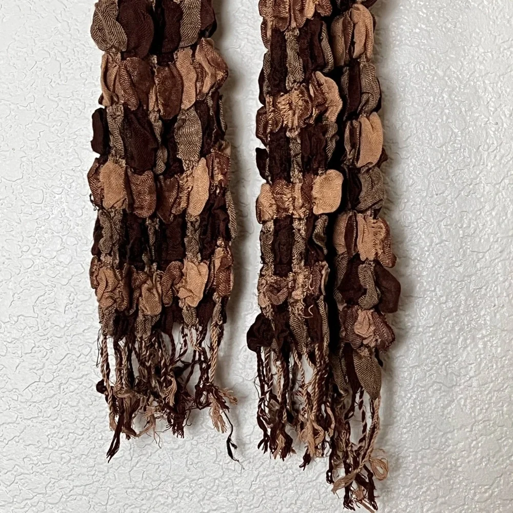Brown checkered crinkle fringe scarf wrap